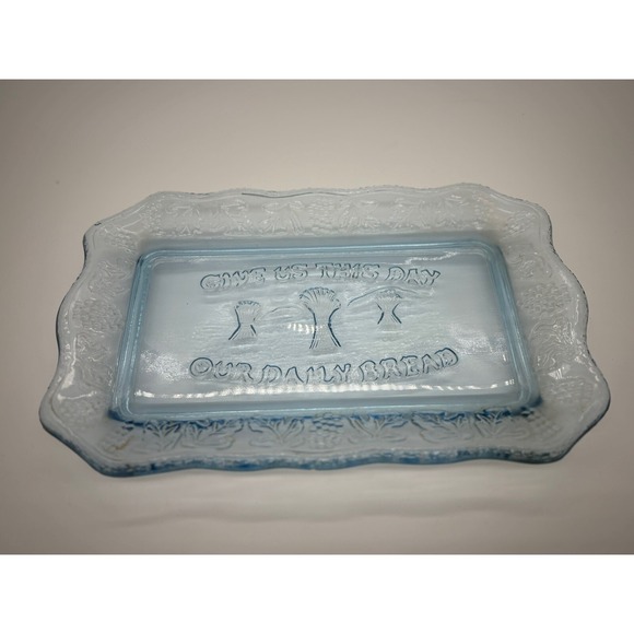 Crystal Clear Other - Glass Plate Crystal Blue Tray Give Us This Day Our Daily Bread 10.5"L x 7"W